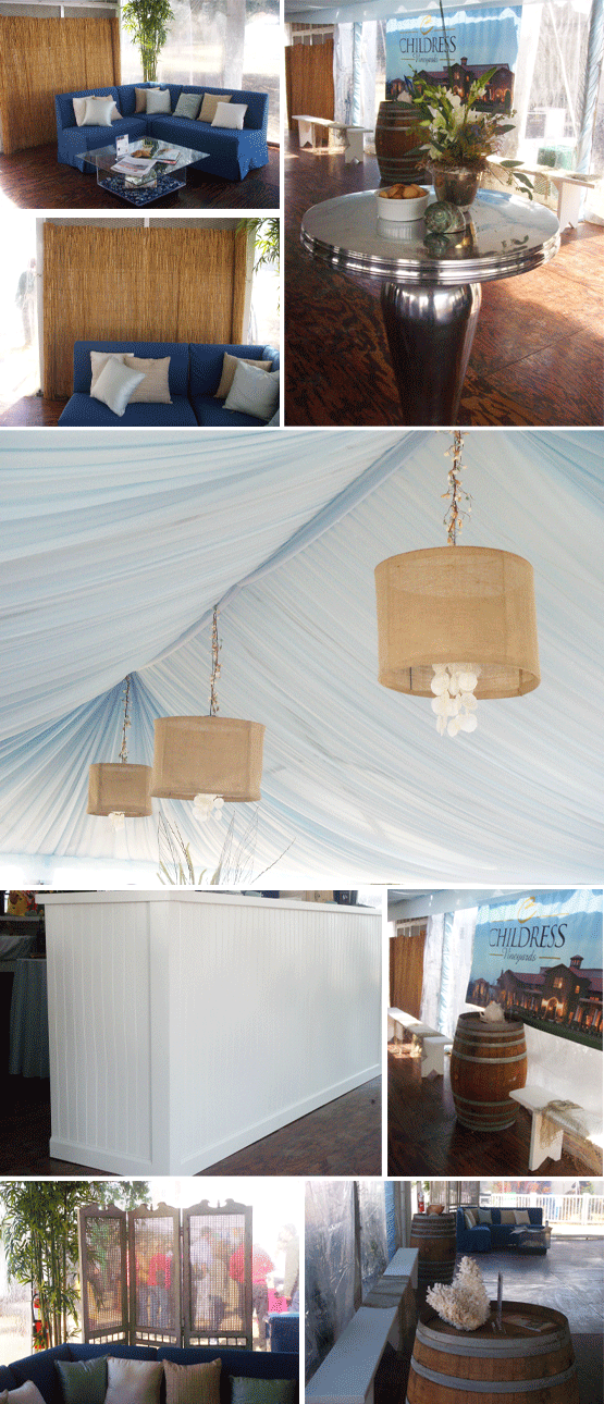 Sheer and airy soft blue voile draped the ceiling of the tent 